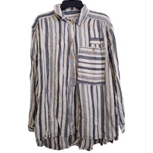 We The Free Summer Breeze Striped Popover Button-Up Shirt Linen Blend Large